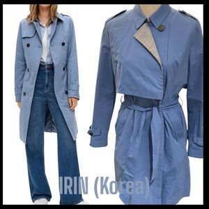 IRIN (Korea) Sky Blue/Houndstooth GunFlap Single Breast Belted Trench Coat (S/M)